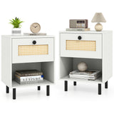 Rattan Nightstand Boho End Table with Rattan Drawer and Open Shelf Set of 2