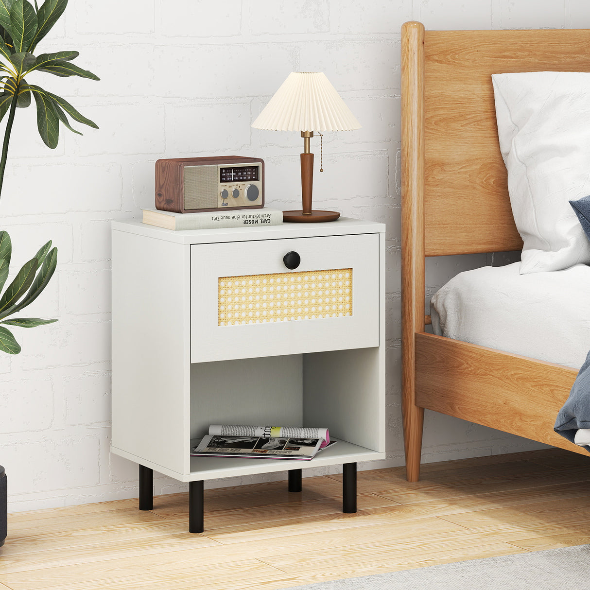 Rattan Nightstand Boho End Table with Rattan Drawer & Open Shelf