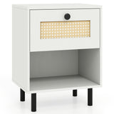 Rattan Nightstand Boho End Table with Rattan Drawer & Open Shelf