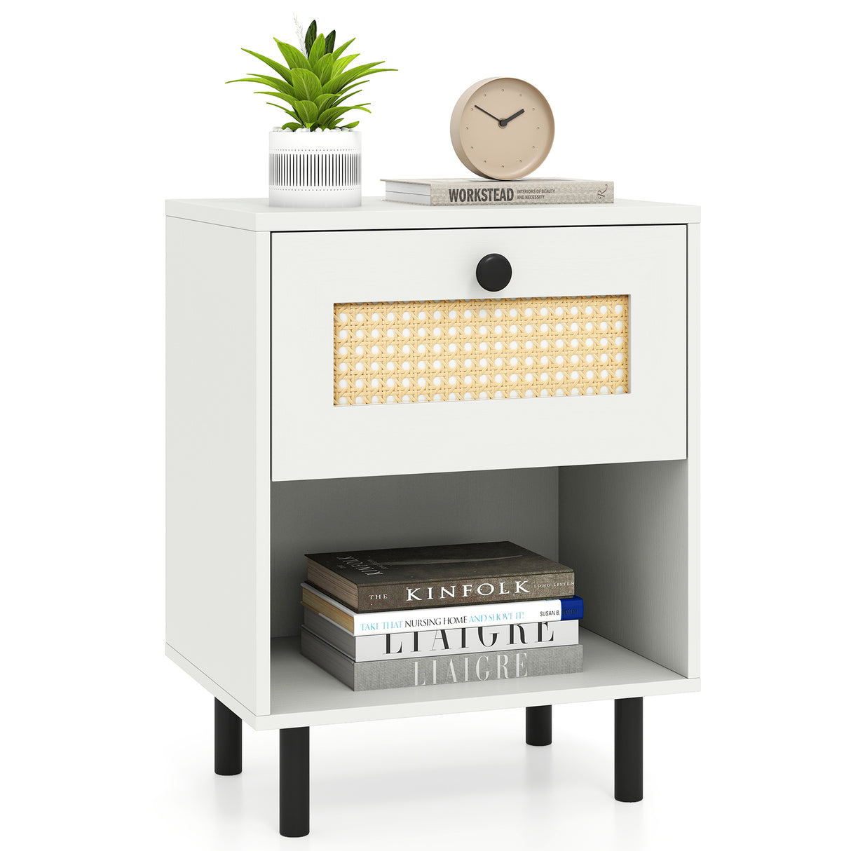 Rattan Nightstand Boho End Table with Rattan Drawer and Open Shelf Set of 2