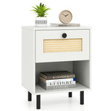 Rattan Nightstand Boho End Table with Rattan Drawer and Open Shelf Set of 2
