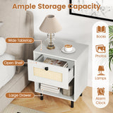 Rattan Nightstand Boho End Table with Rattan Drawer and Open Shelf Set of 2
