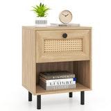 Rattan Nightstand Boho End Table with Rattan Drawer & Open Shelf