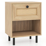 Rattan Nightstand Boho End Table with Rattan Drawer & Open Shelf