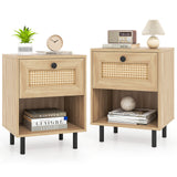 Rattan Nightstand Boho End Table with Rattan Drawer and Open Shelf Set of 2