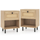 Rattan Nightstand Boho End Table with Rattan Drawer and Open Shelf Set of 2