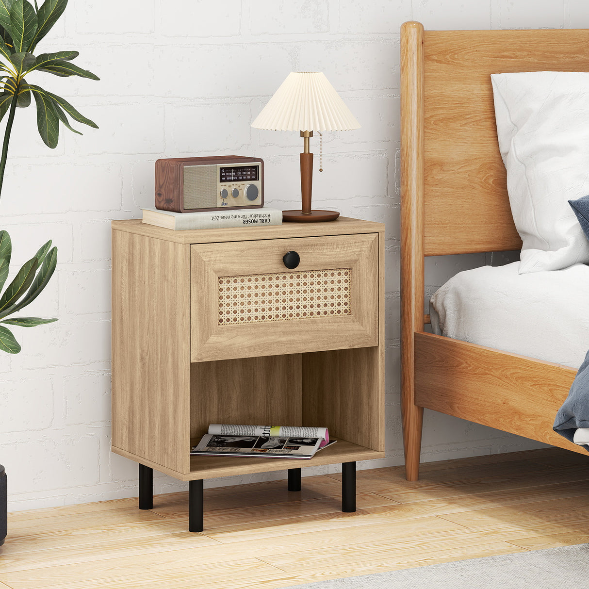 Rattan Nightstand Boho End Table with Rattan Drawer and Open Shelf Set of 2