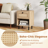 Rattan Nightstand Boho End Table with Rattan Drawer and Open Shelf Set of 2