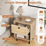 Rattan Nightstand Boho End Table with Rattan Drawer and Open Shelf Set of 2