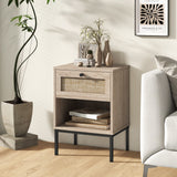 Rattan Nightstand Boho End Table with Rattan Drawer and Open Shelf Set of 2