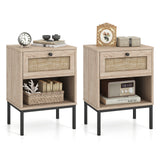 Rattan Nightstand Boho End Table with Rattan Drawer and Open Shelf Set of 2