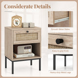 Rattan Nightstand Boho End Table with Rattan Drawer and Open Shelf Set of 2