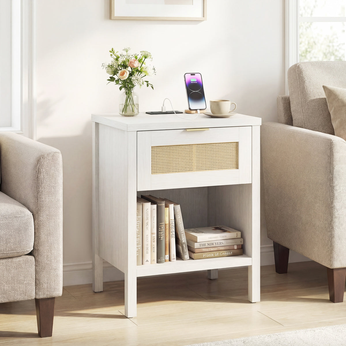 Rattan Nightstand with Charging Station and Storage Shelf for Bedroom