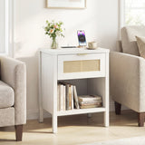 Rattan Nightstand with Charging Station and Storage Shelf for Bedroom