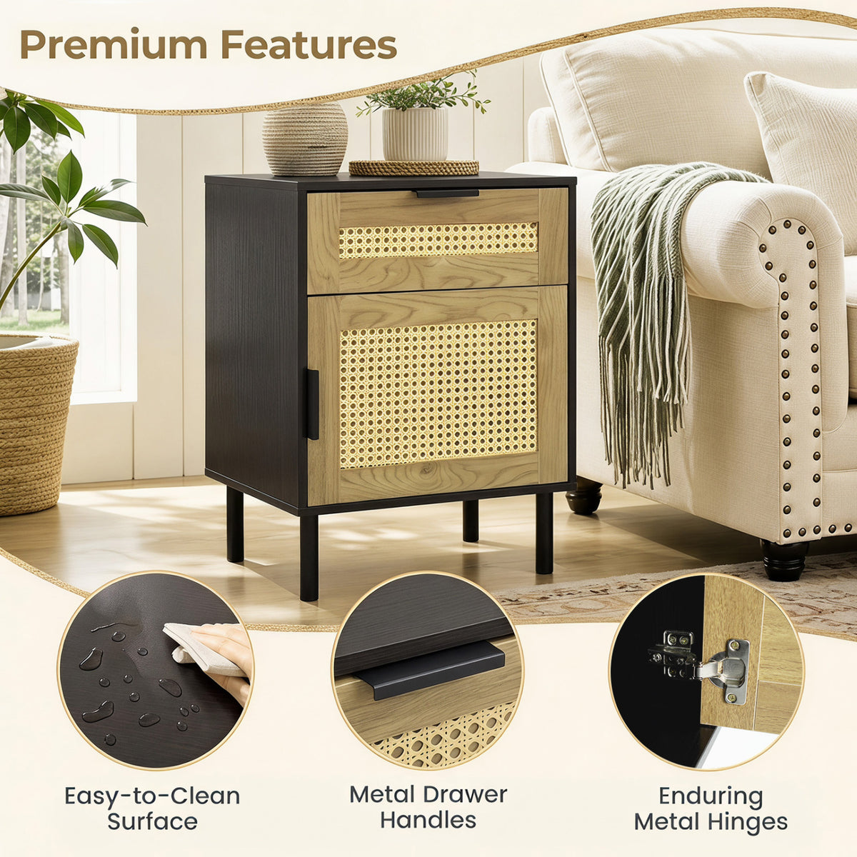 Rattan Nightstand with Drawer and Storage Cabinet for Bedroom Dorm