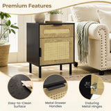 Rattan Nightstand with Drawer and Storage Cabinet for Bedroom Dorm