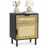 Rattan Nightstand with Drawer and Storage Cabinet for Bedroom Dorm