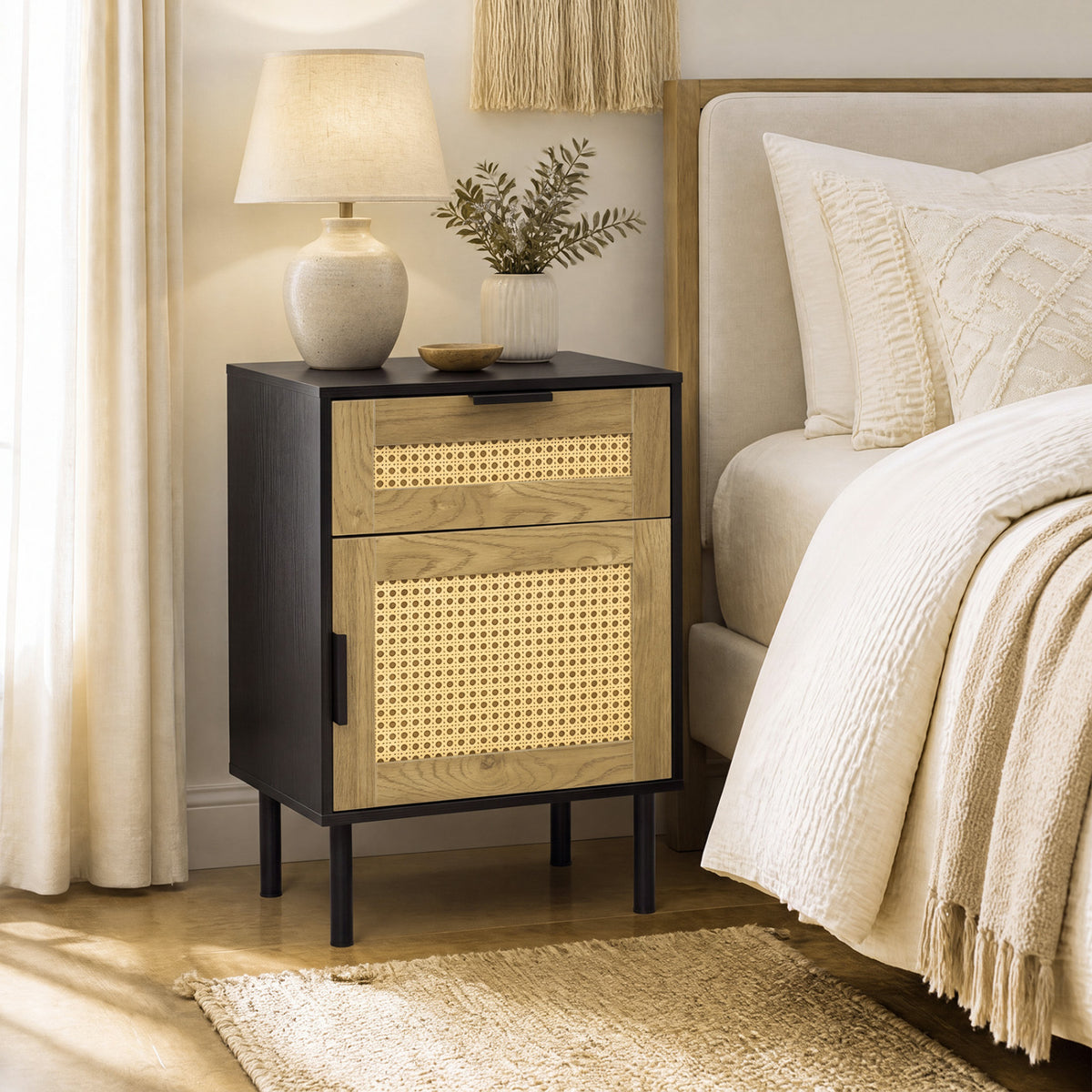 Rattan Nightstand with Drawer and Storage Cabinet for Bedroom Dorm