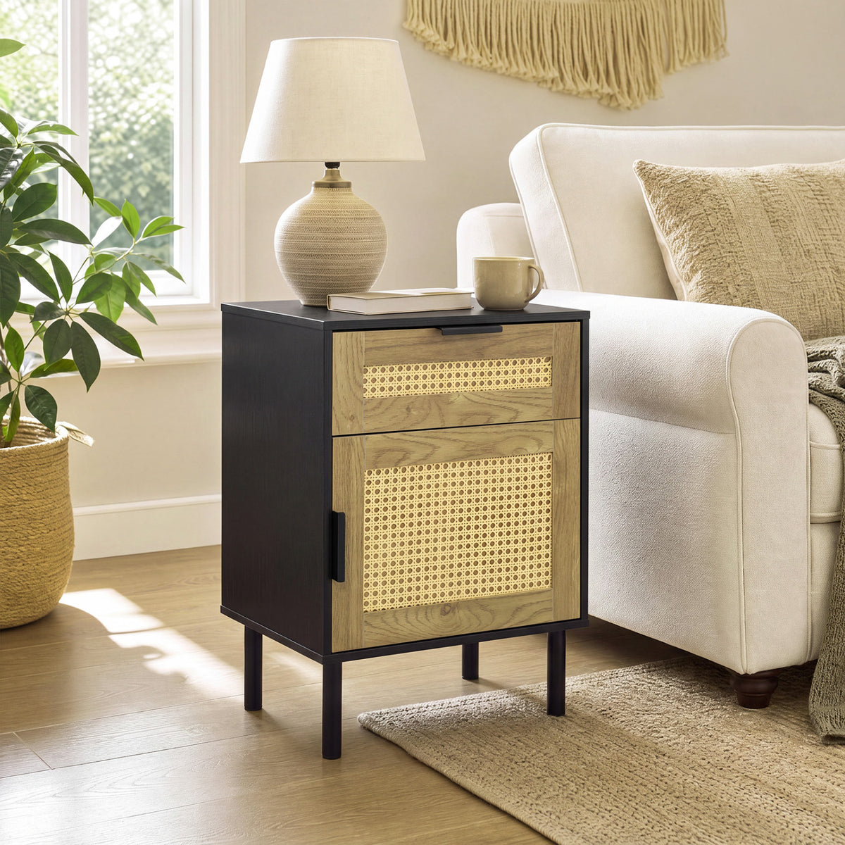 Rattan Nightstand with Drawer and Storage Cabinet for Bedroom Dorm