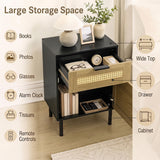 Rattan Nightstand with Drawer and Storage Cabinet for Bedroom Dorm