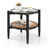 Rattan Round Side End Table with Tempered Glass Tabletop