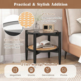 Rattan Round Side End Table with Tempered Glass Tabletop