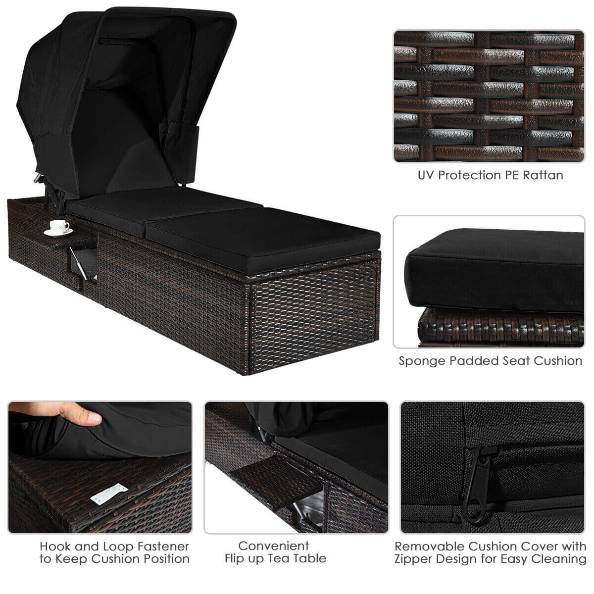 Chaise Cushioned Top Canopy Patio Rattan Lounge Chair with Tea Table