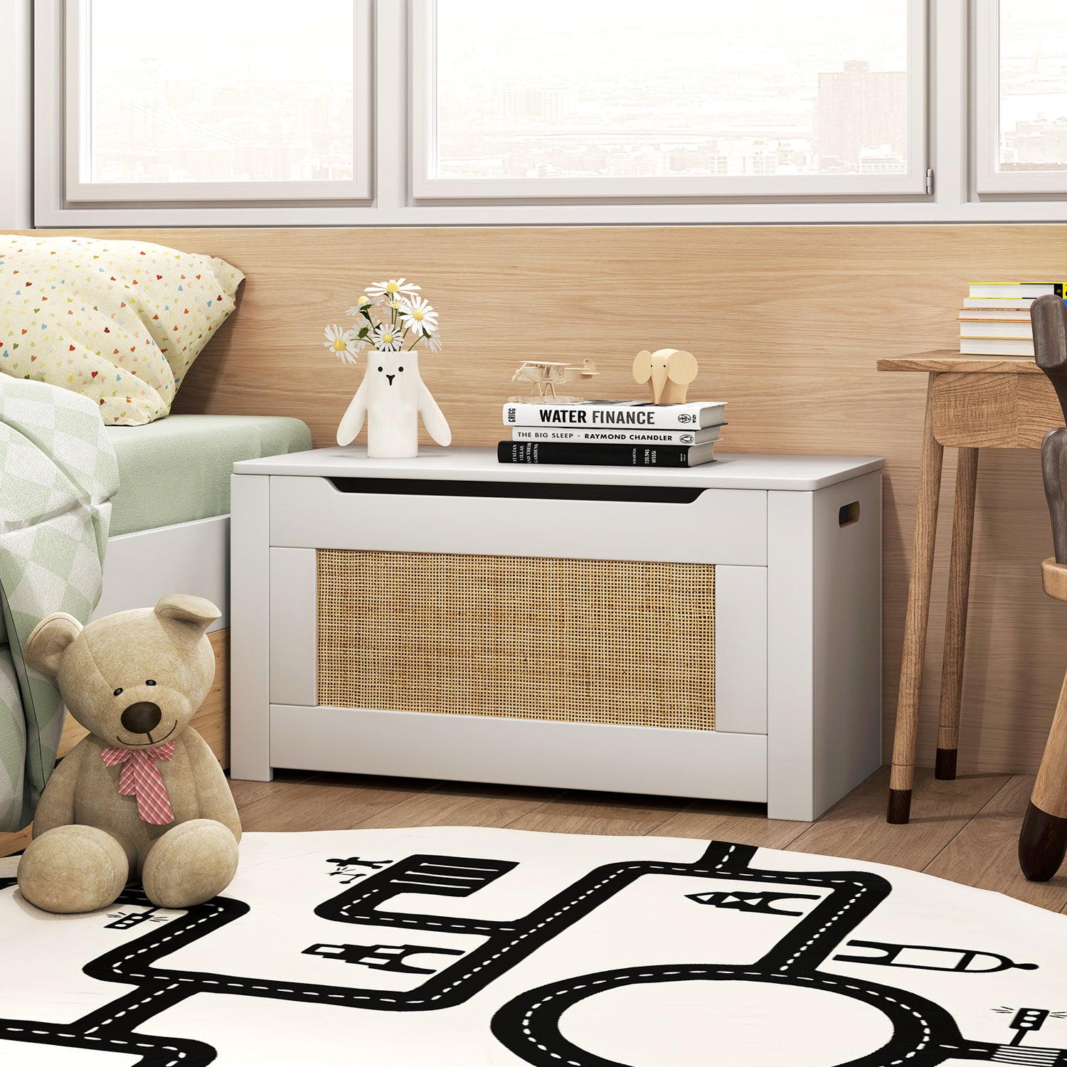 Kids Rattan Toy Storage Box with Flip Top Lid and Safety Hinge Handles-White
