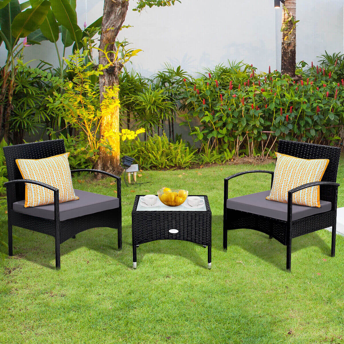 3 Pieces Patio Wicker Rattan Furniture Set with Cushion for Lawn Backyard