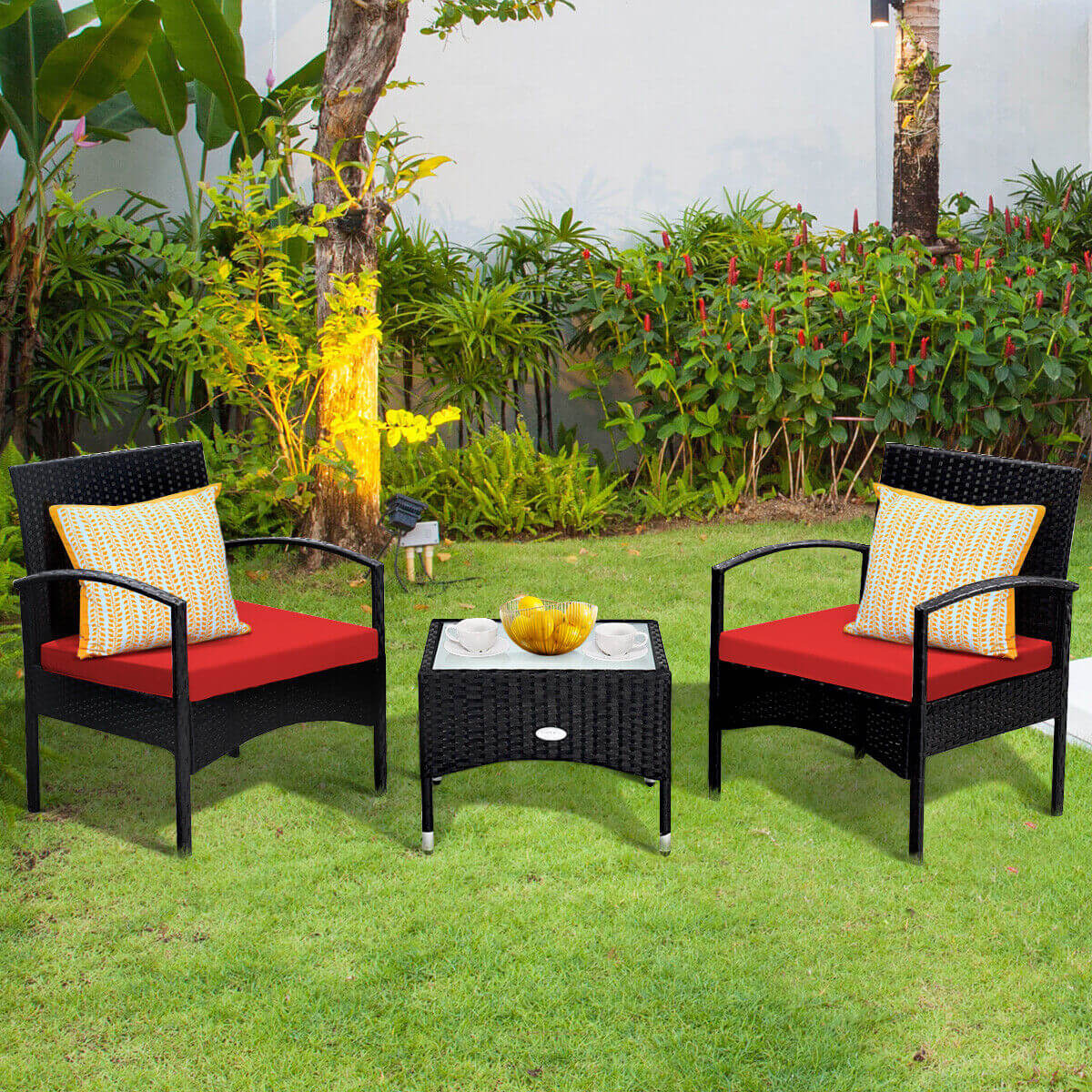 3 Pieces Patio Wicker Rattan Furniture Set with Cushion for Lawn Backyard