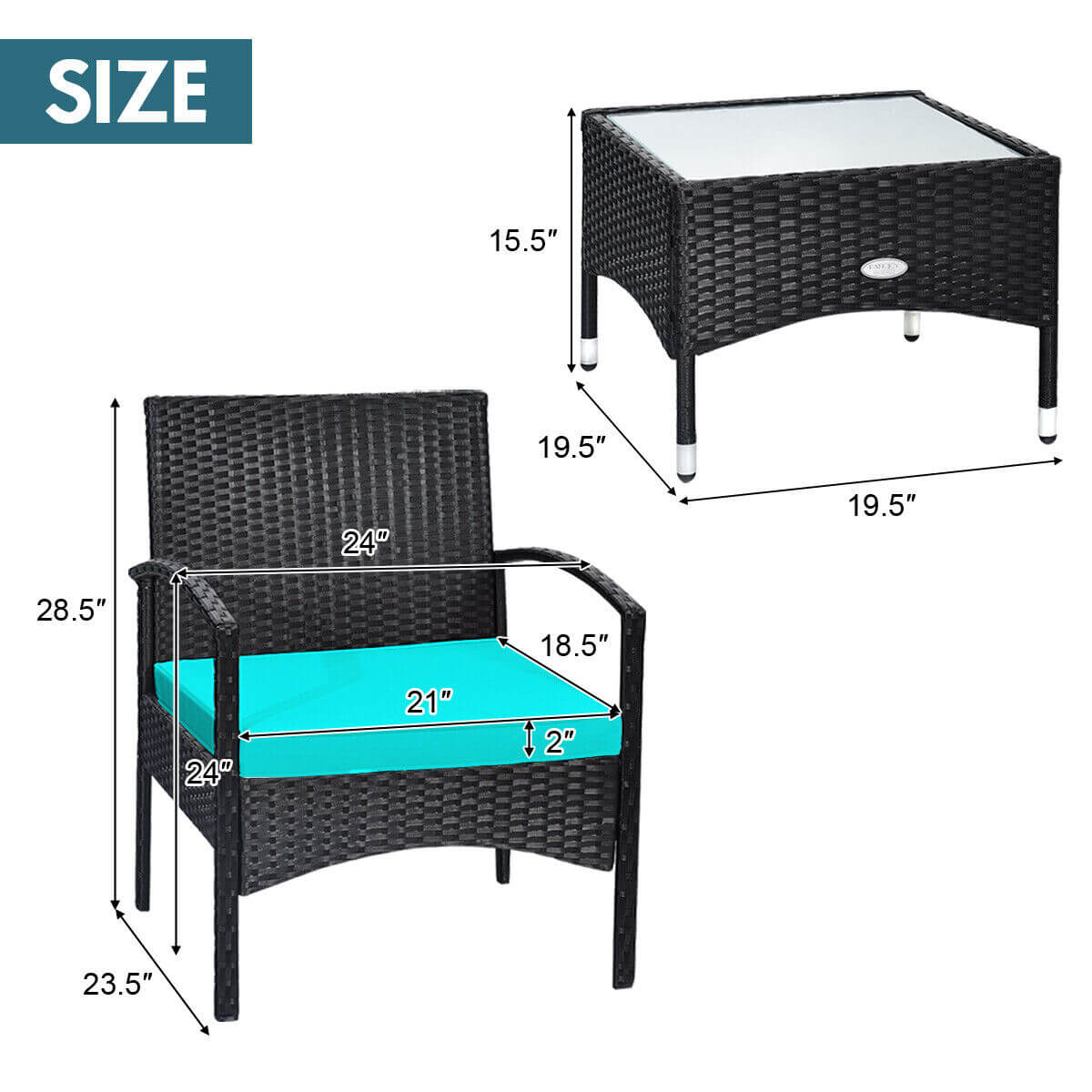 3 Pieces Patio Wicker Rattan Furniture Set with Cushion for Lawn Backyard