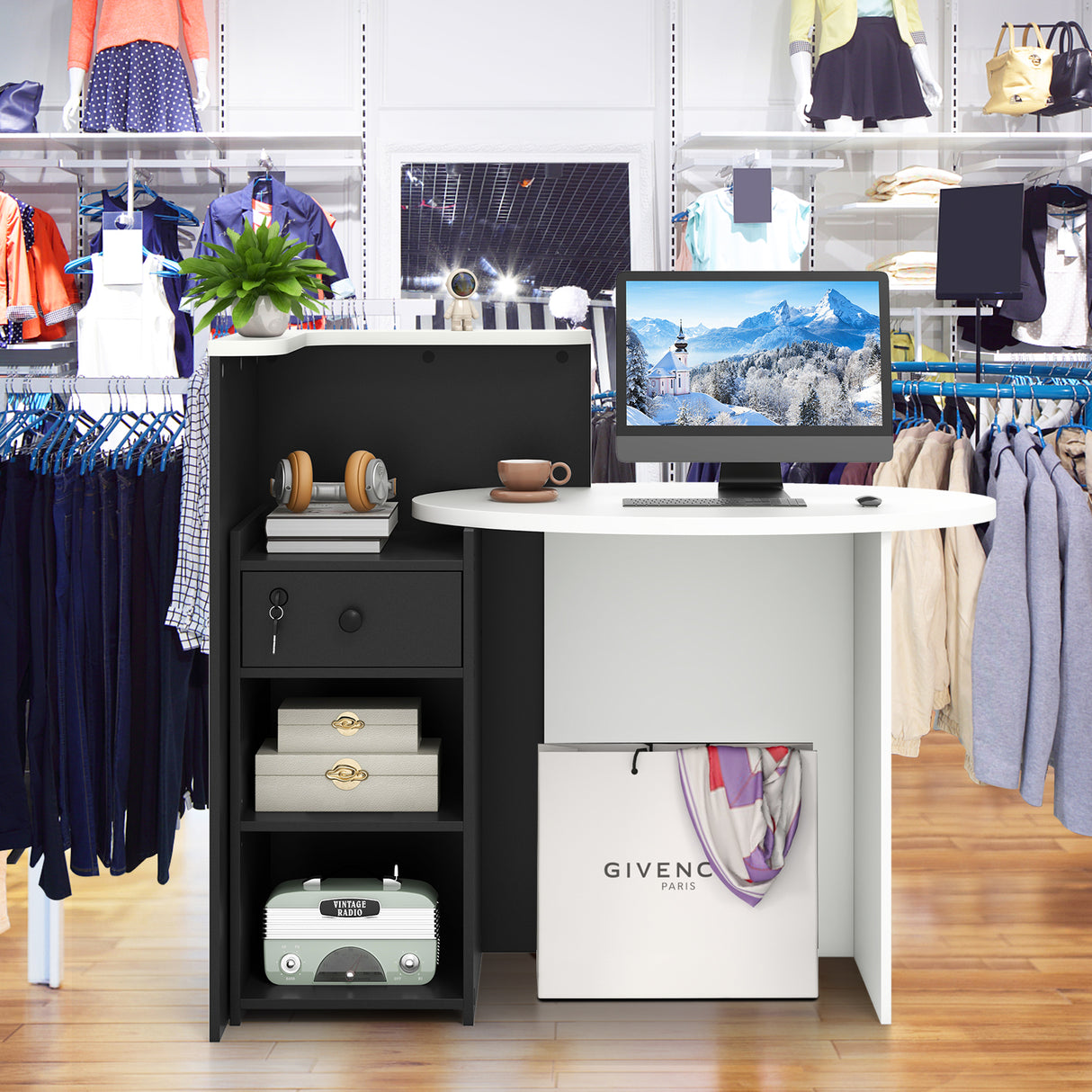 Front Reception Office Desk with Open Shelf and Lockable Drawer