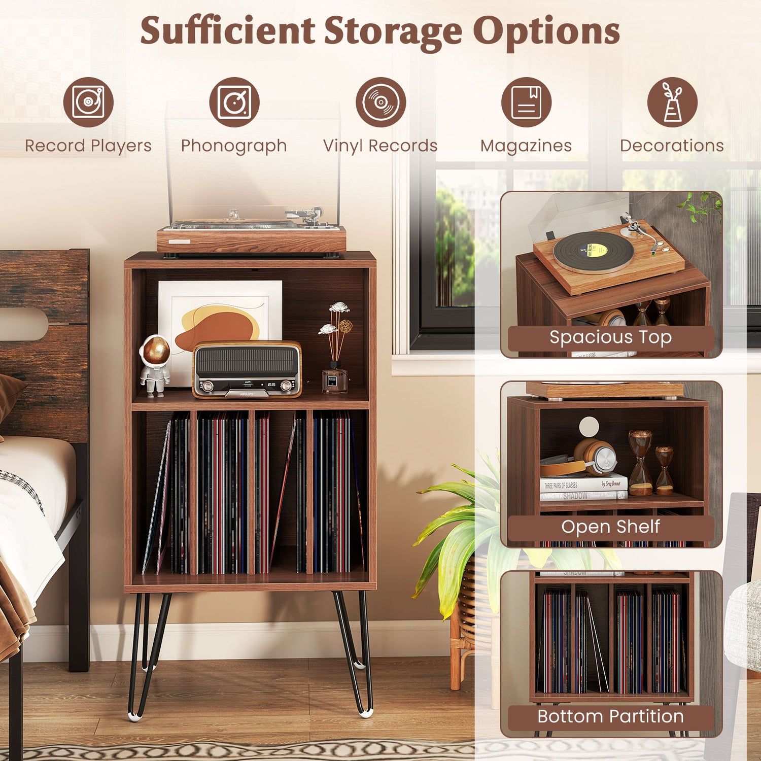 Record Player Stand with Charging Station Turntable Stand with Vinyl Storage-Walnut