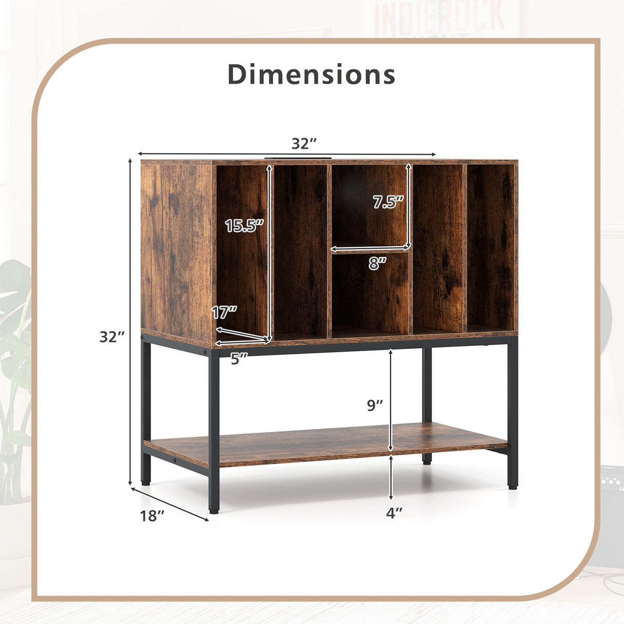 Record Player Stand with Charging Station and Metal Frame