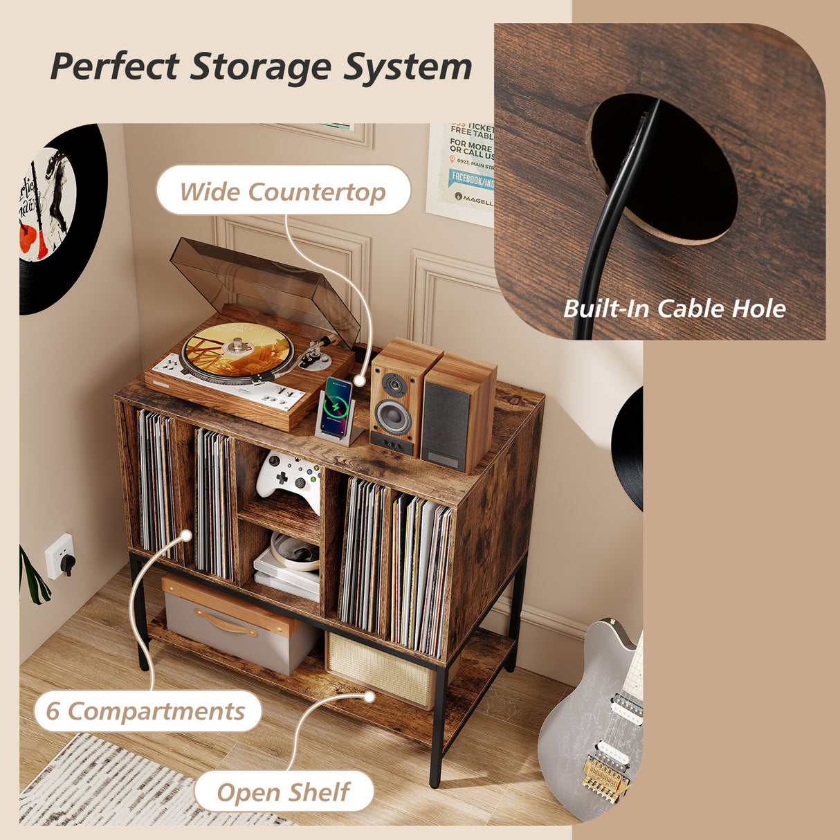 Record Player Stand with Charging Station and Metal Frame