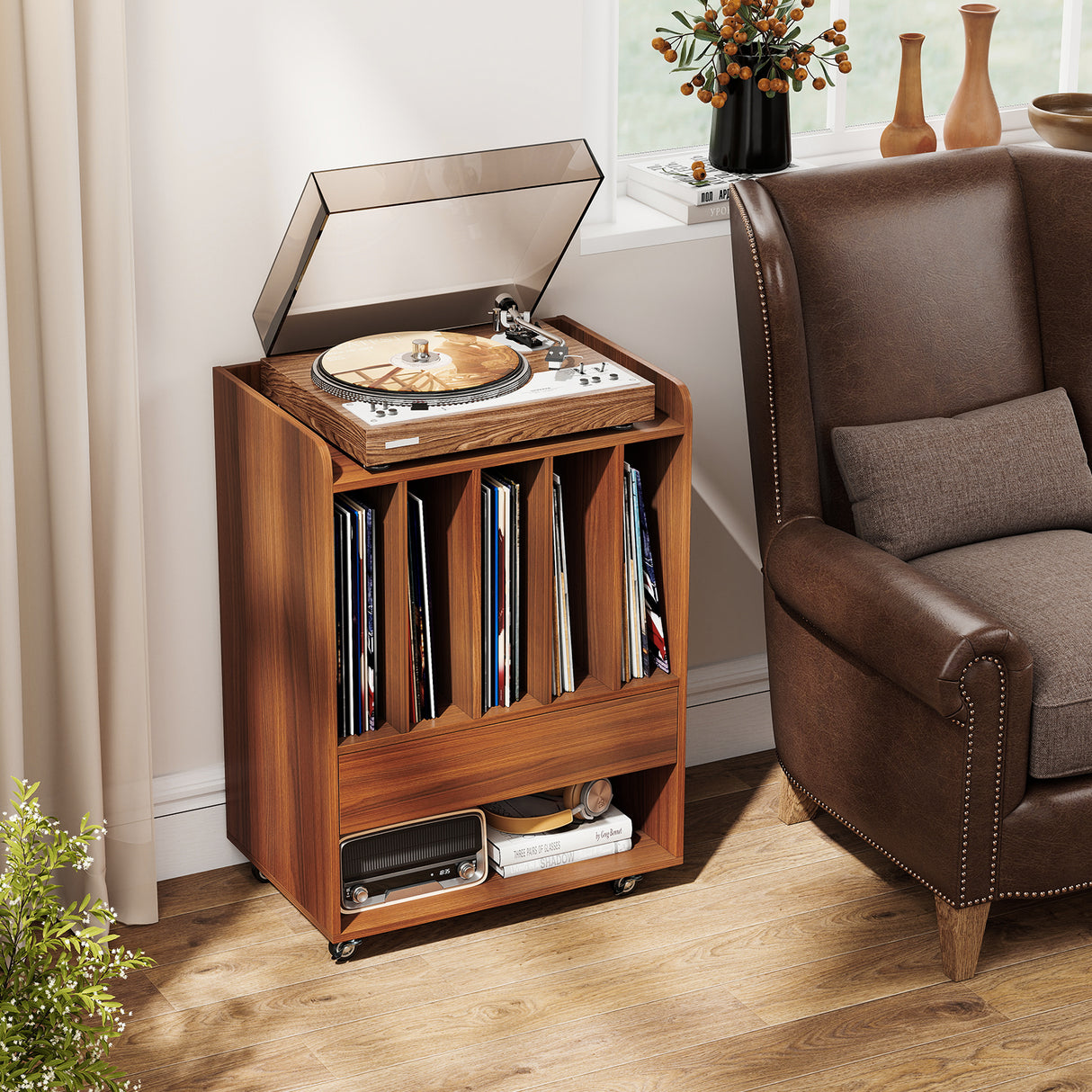 Record Player Stand Turntable Stand with Drawer and Record Holder