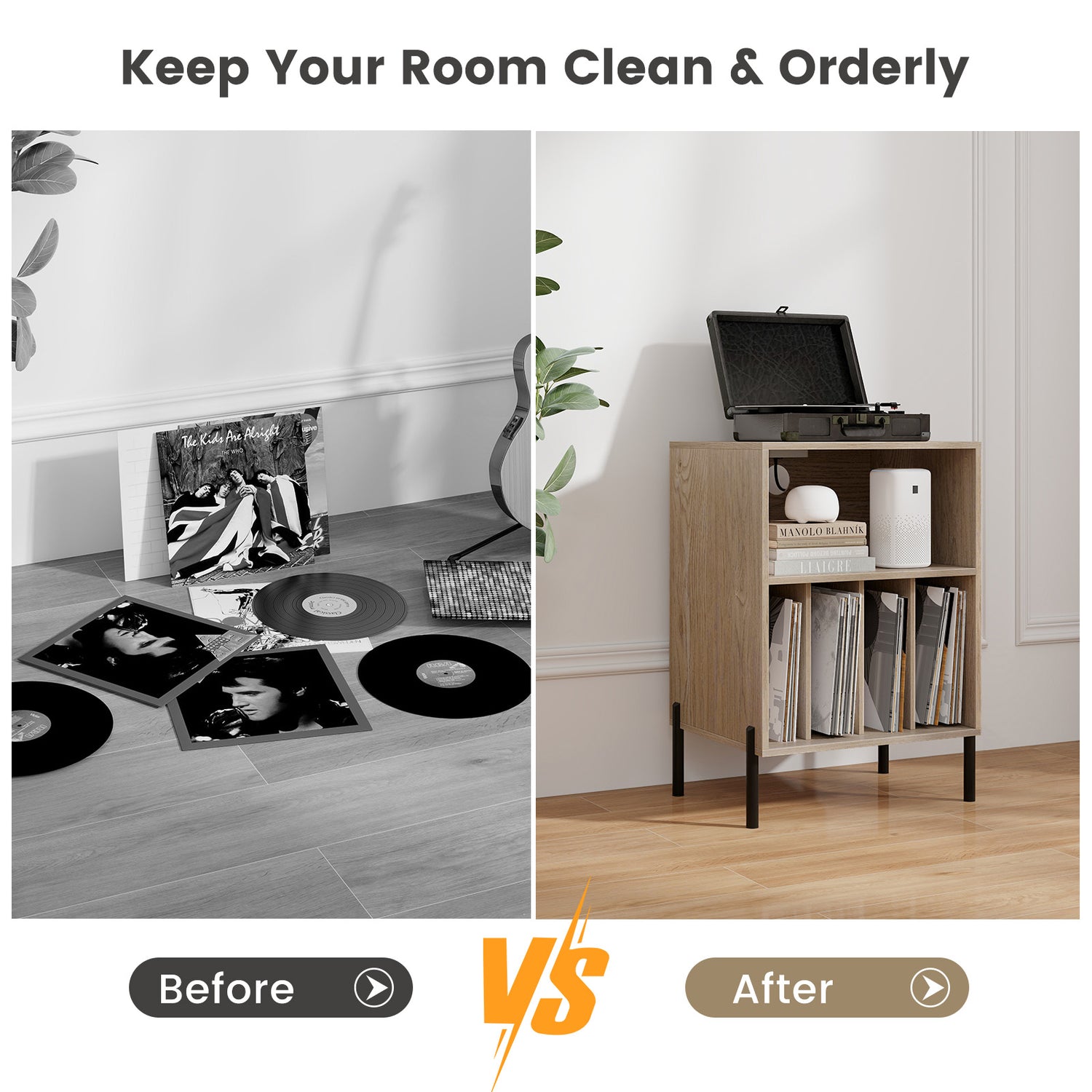 Record Player Stand with Record Storage Shelf and Charging Station