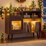 Record Player Stand with LED Light and Power Outlets Large Turntable Stand with Sliding Door-Brown