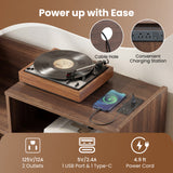Record Player Stand with LED Light and Power Outlets Large Turntable Stand with Sliding Door-Brown