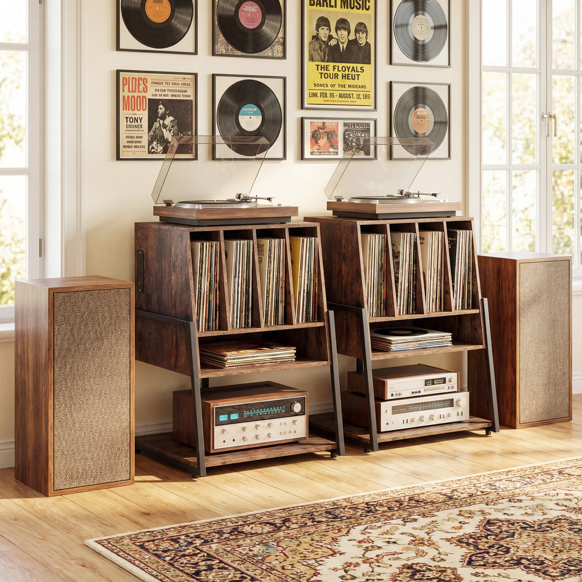 Record Player Stand on Wheels Rolling Turntable Stand with Power Outlets
