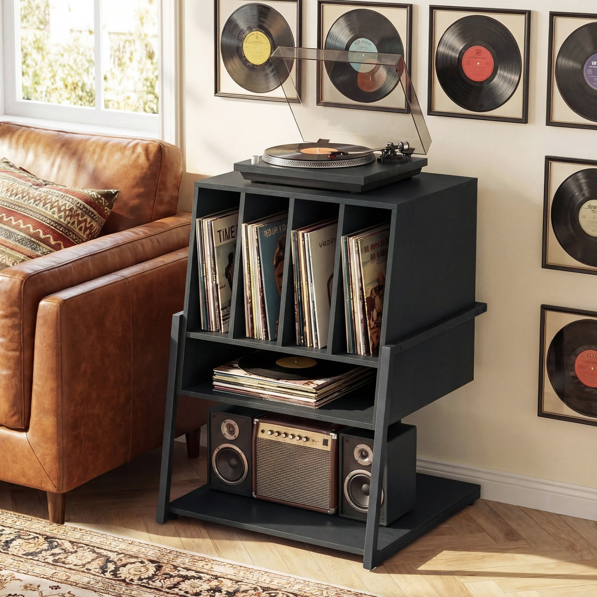 Record Player Stand on Wheels Rolling Turntable Stand with Power Outlets