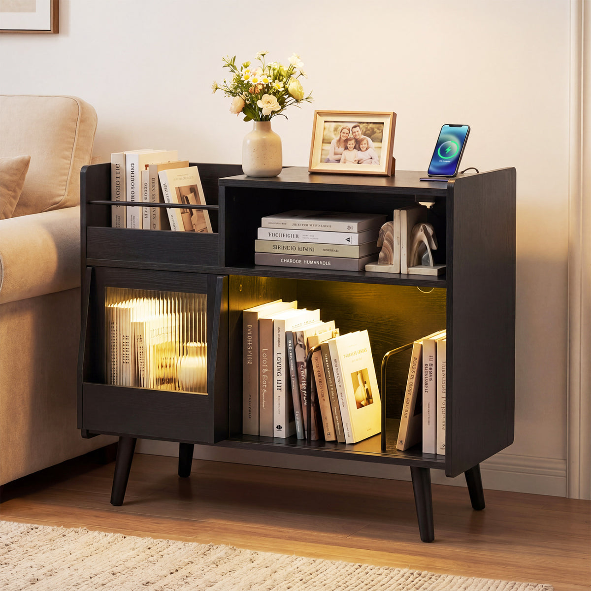 Record Player Stand with LED Light and Power Outlets