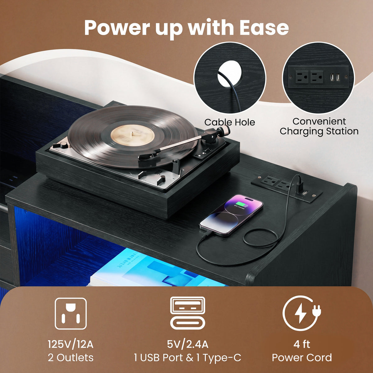Record Player Stand with LED Light and Power Outlets