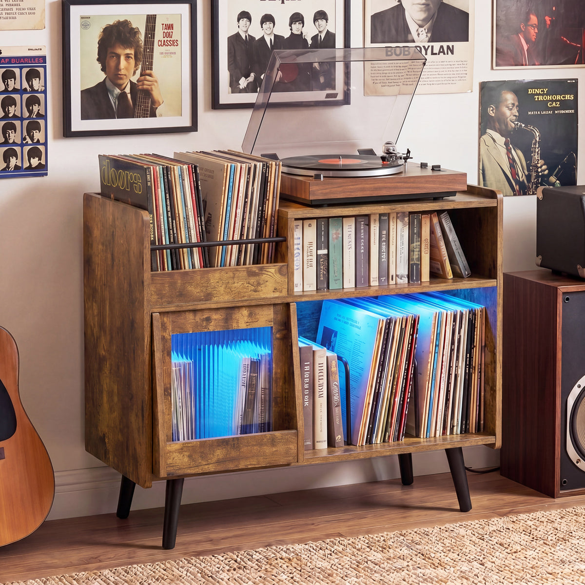 Record Player Stand with LED Light and Power Outlets