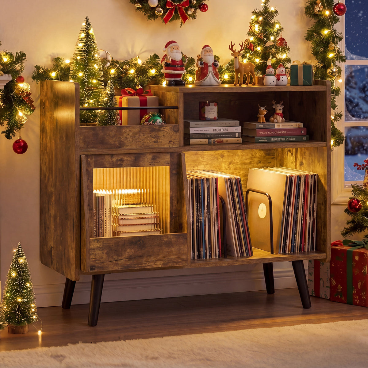Record Player Stand with LED Light and Power Outlets