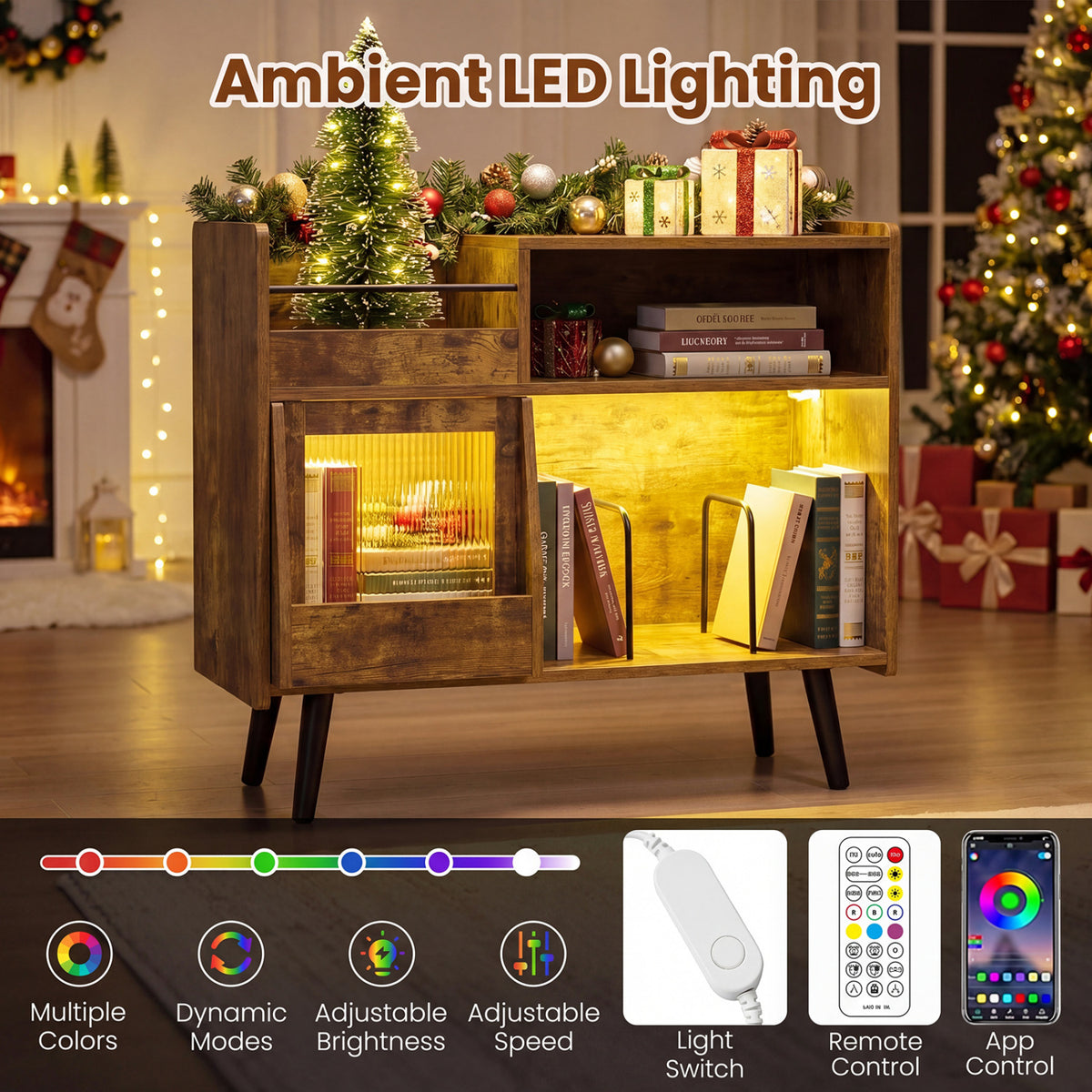 Record Player Stand with LED Light and Power Outlets