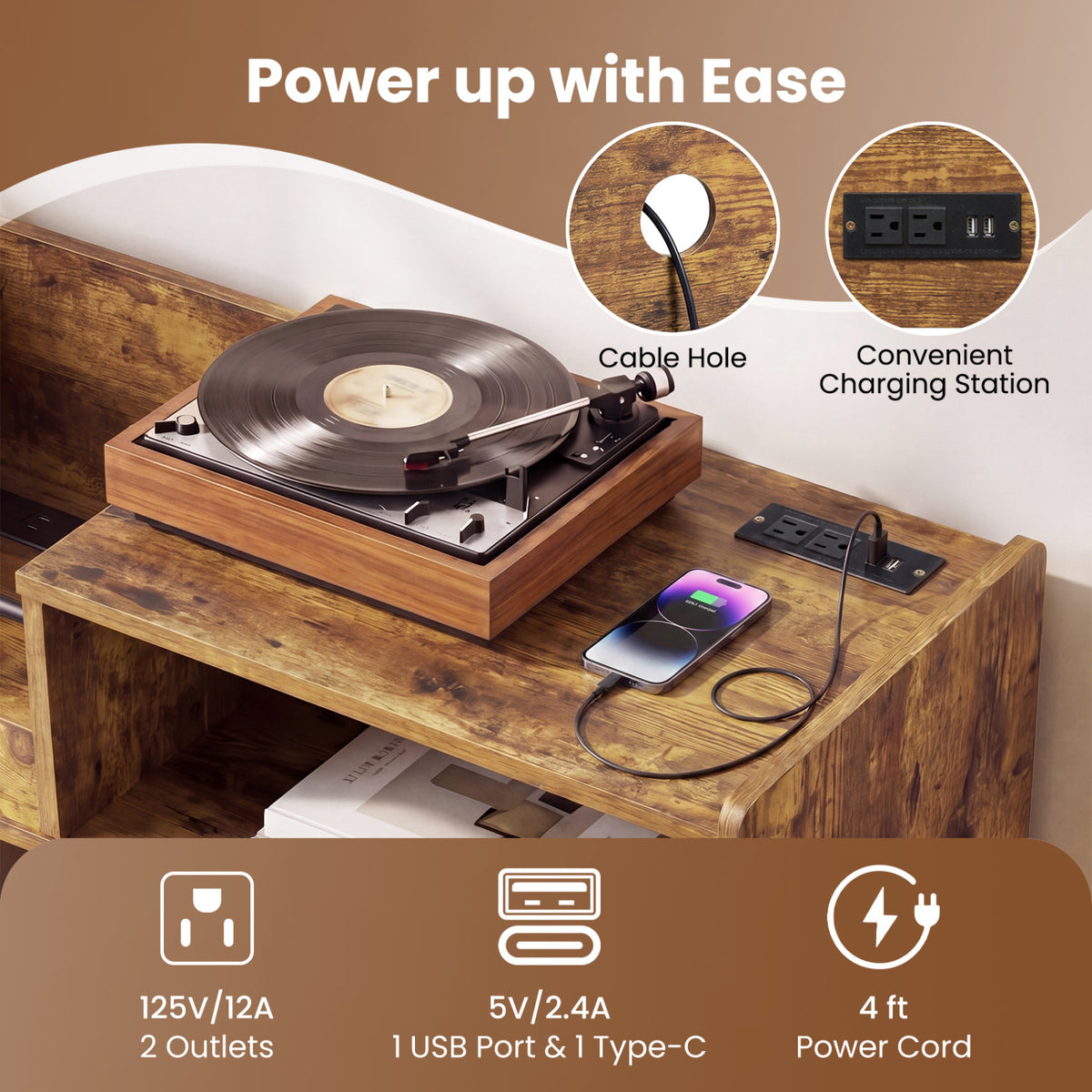 Record Player Stand with LED Light and Power Outlets