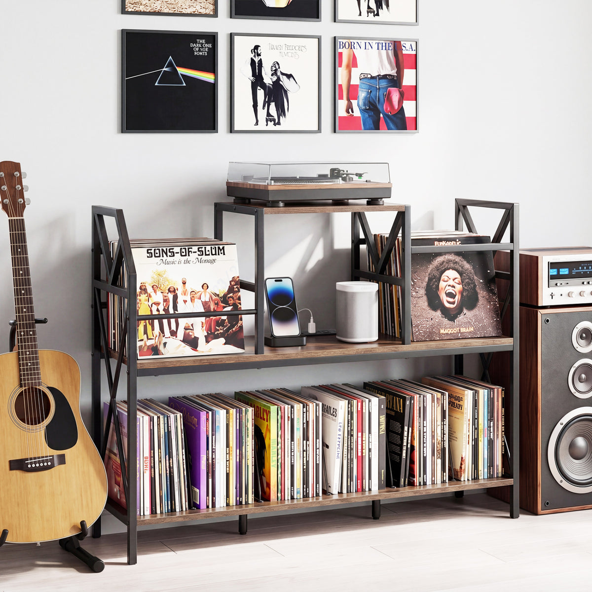 Record Player Stand with Power Outlets and Vinyl Storage and Dividers for Albums-Rustic Brown