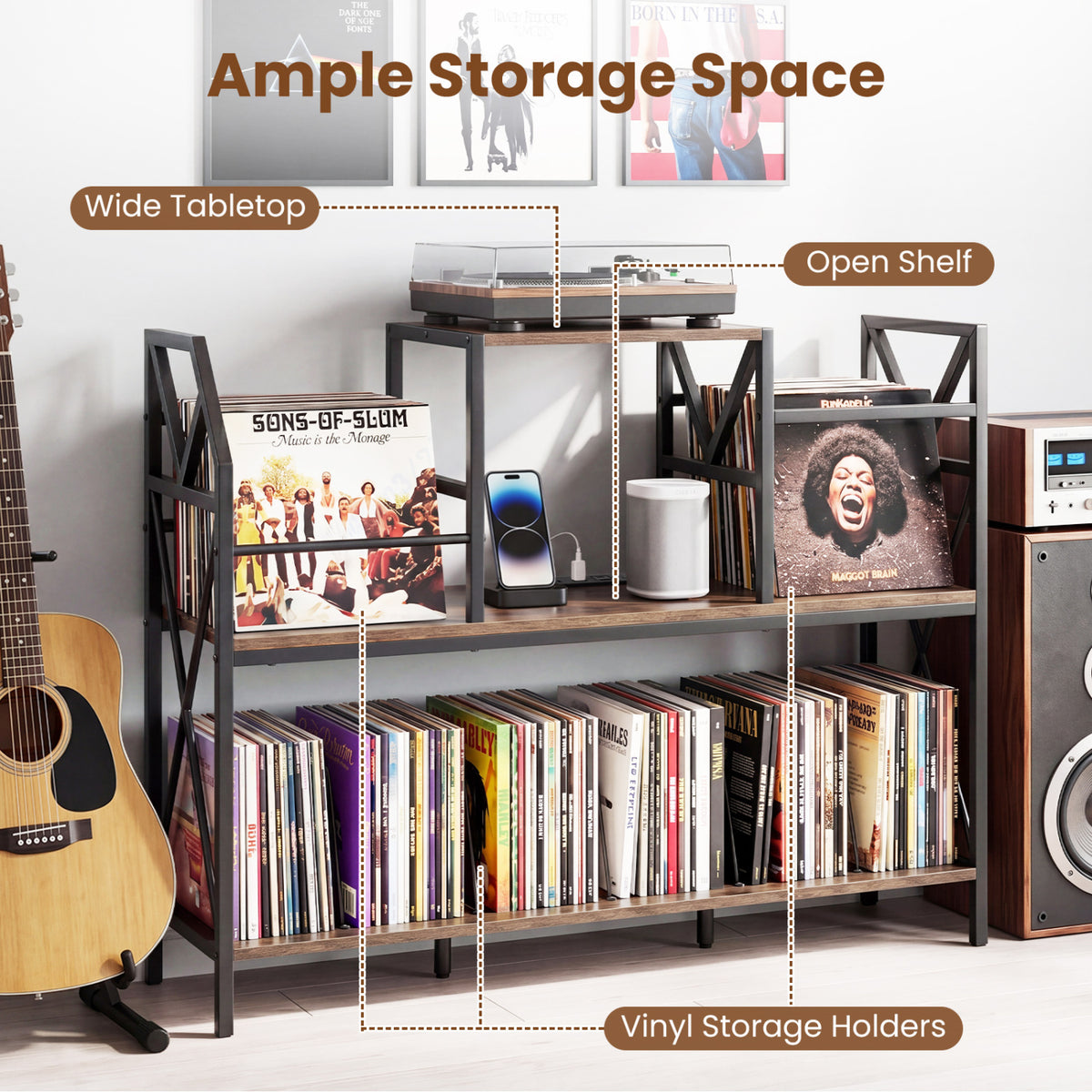 Record Player Stand with Power Outlets and Vinyl Storage and Dividers for Albums-Rustic Brown
