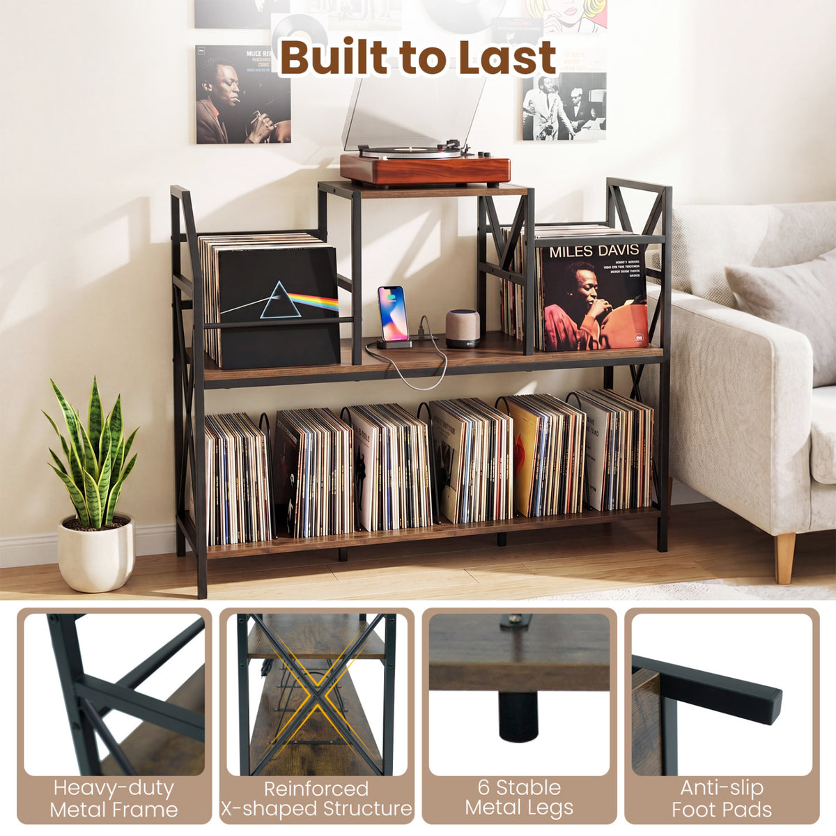 Record Player Stand with Power Outlets and Vinyl Storage and Dividers for Albums-Rustic Brown
